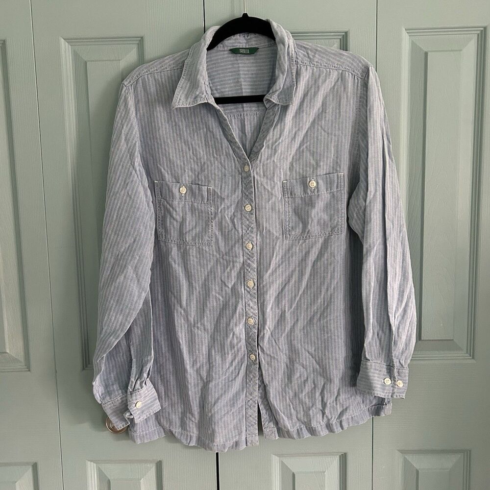 Marks&Spencer Womens Chambray Mix Blue Striped Button Up Blouse Top 14 Lyocell
